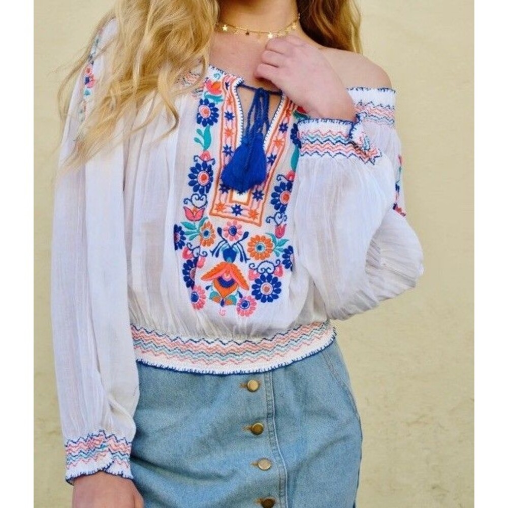 Blue Boheme Elena Blouse Top Womens Small Embroidered Tassel Gauzy 100% Cotton